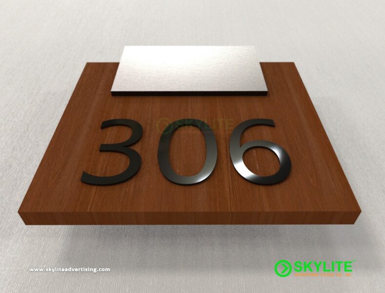 room number sign laser cut acrylic on wood and metal holder